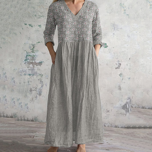 Vintage Floral Embroidered Art Women's Linen Dress elevenforest