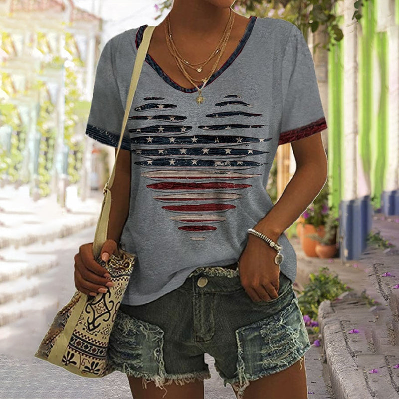 Comstylish Women's Vintage Independence Day Love Flag Print V Neck T-shirt