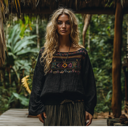 Retro Boho Tribal Art Embroidery Print Cotton And Linen Blend Loose Blouse elevenforest