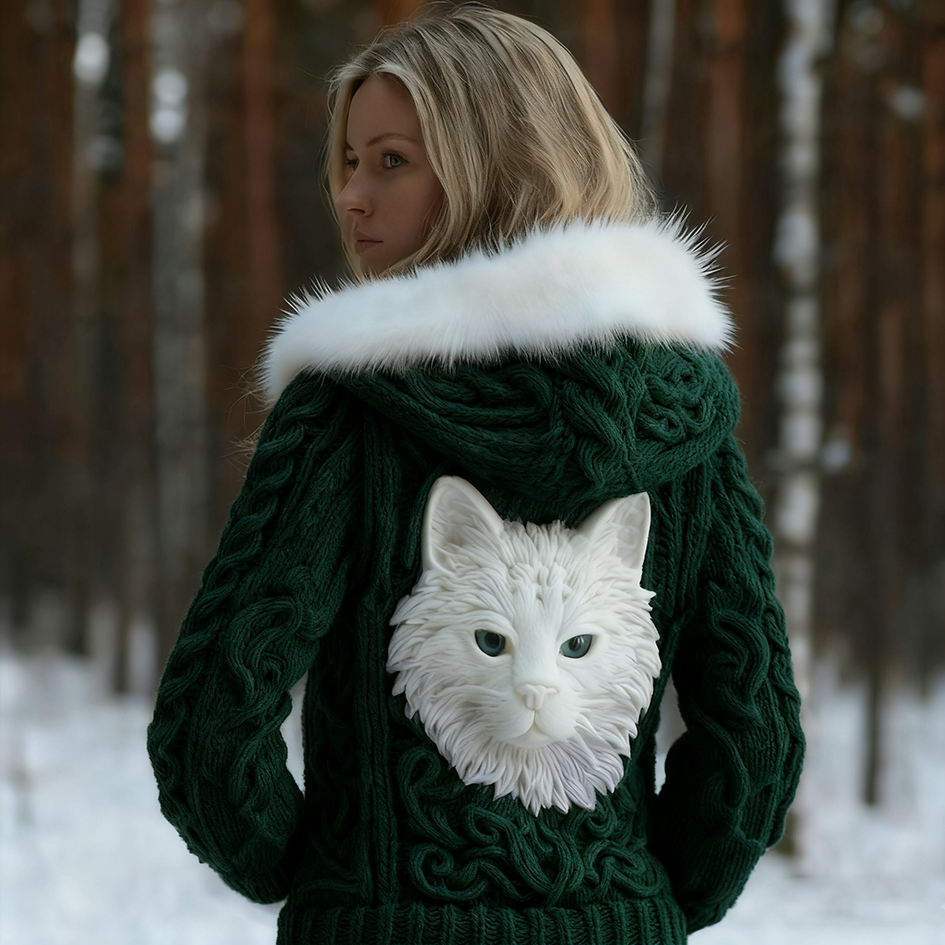 Viking Retro Cat Design Women's Hooded Knit Sweater Jacket elevenforest