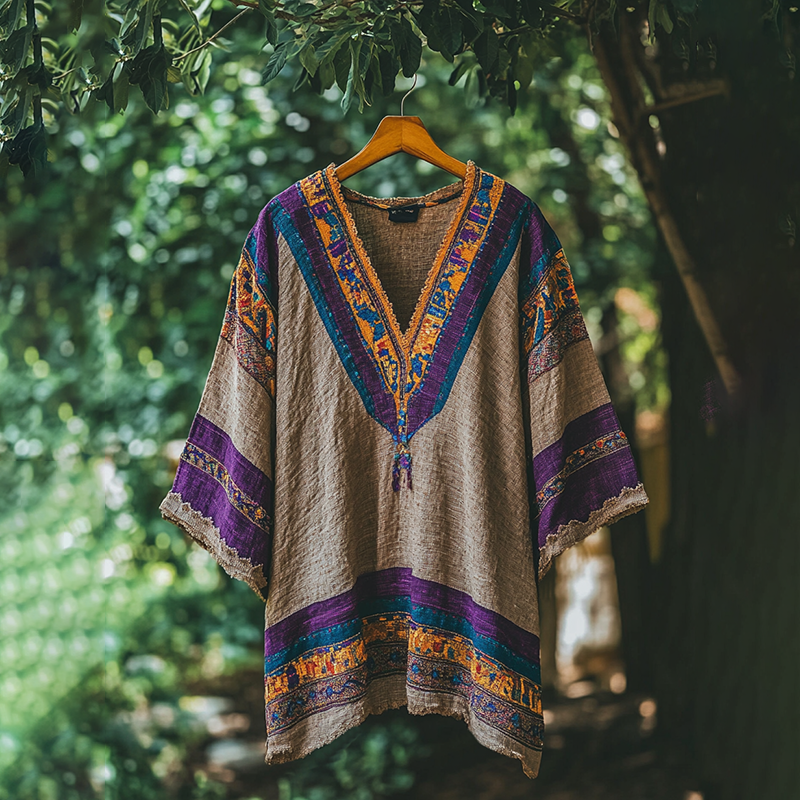 Women's Vintage Floral Embroidered V-neck Linen Blend T-shirt elevenforest