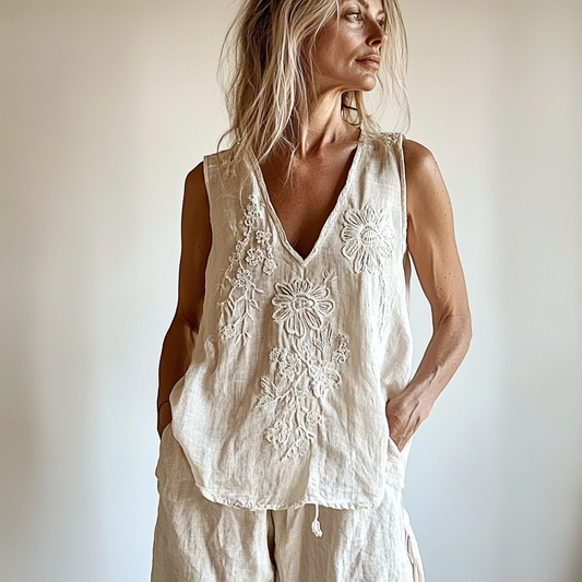 Women's Vintage Floral Pattern Cotton And Linen Vest elevenforest