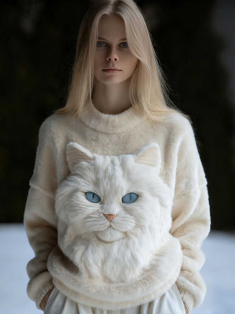 Cute Fuzzy Cat Embroidered Cozy Plush Sweatshirt elevenforest