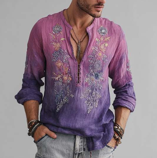 Men's Bohemian Style Purple Gradient Flower And Grass Embroidery Pattern Retro Cotton And Linen Short-sleeve Shirt elevenforest
