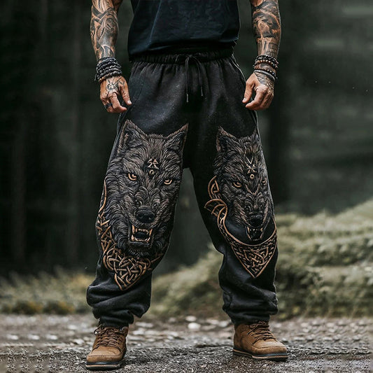 Men's Retro Viking Wolf Art Print Casual Pants elevenforest