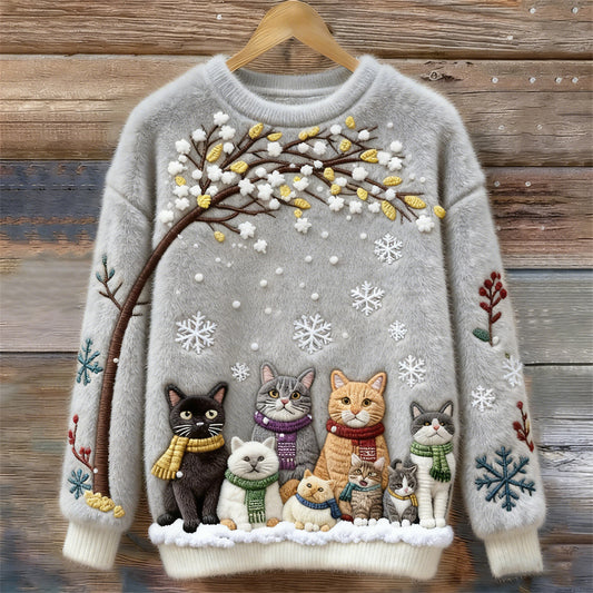 Christmas Cats Embroidery Women's Cozy Plush Sweater elevenforest