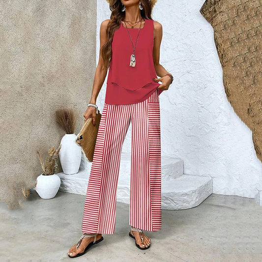 Stripe Double Layer Tank Pants Two Piece Set elevenforest