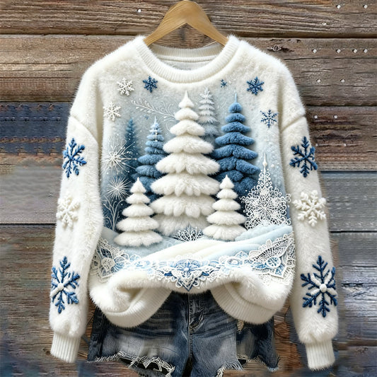 Comstylish Christmas Tree & Snowflake Art Women's Cozy Plush Sweater