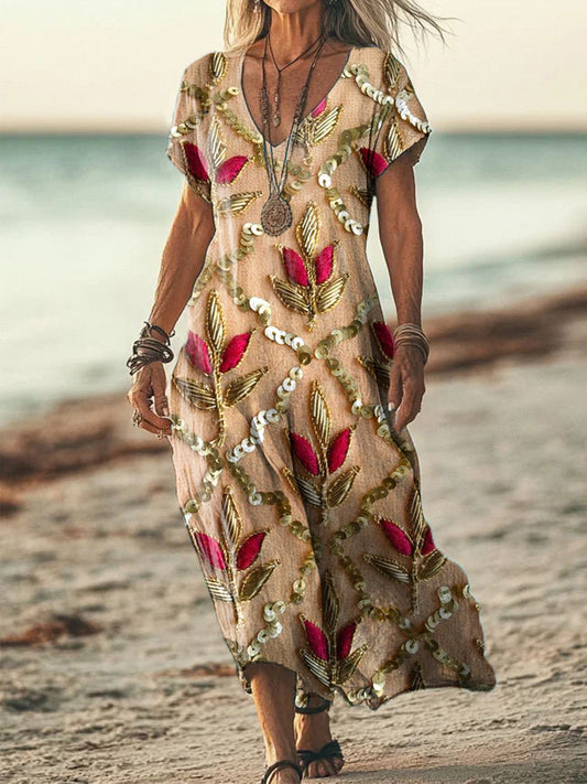 Women's Sequin & Floral Embroidered Linen Blend Vintage Dress elevenforest