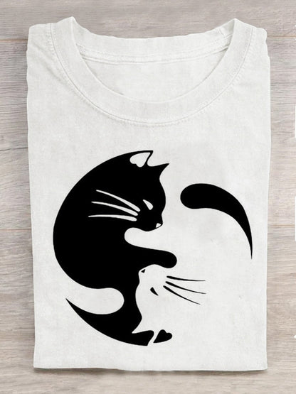 Women's Black And White Cats Print Vintage T-shirt elevenforest