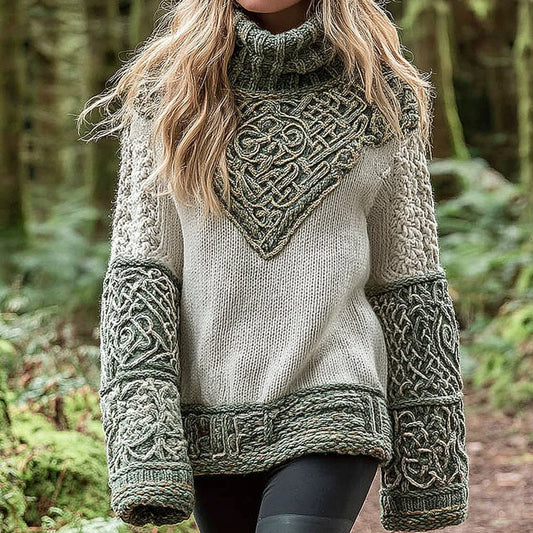 Women's Viking Tree Of Life With Celtic Knot Art Gradient Turtleneck Cozy Knit Sweater artswardrobe