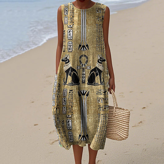 Comstylish Vintage Ancient Egyptian Inspired Linen Casual Sleeveless Dress