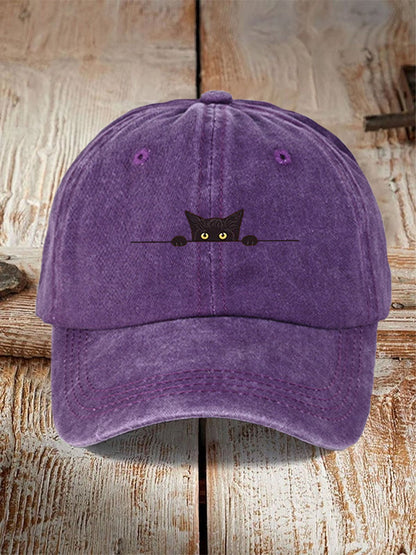 Japanese Art Black Cat Print Washed Hat elevenforest