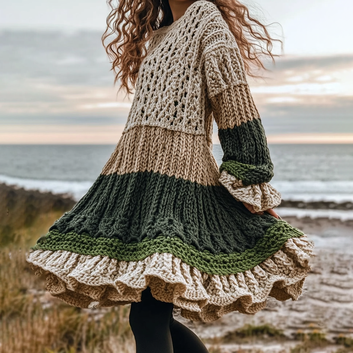 Women's Celtic Knotted Color Block Jacquard Crew Neck Sweater Dress elevenforest