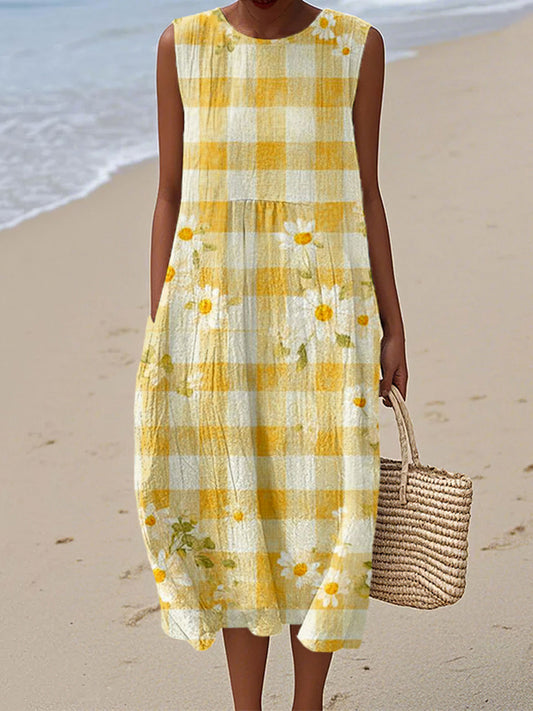 Floral Checkered Pattern Linen Tank Dress elevenforest