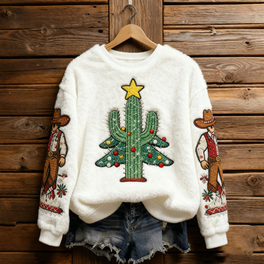 Comstylish Cactus Christmas Tree Pattern Warm Crew Neck Sweater