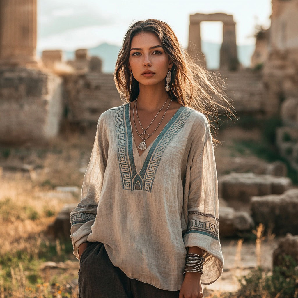 Vintage Greek Key Graphics V-neck Linen Blend T-shirt elevenforest