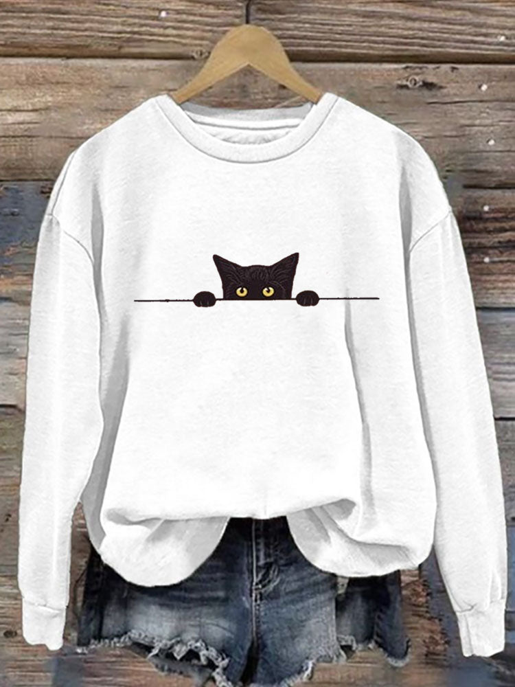 Women's Casual Funny Black Cat Print Sweatshirt elevenforest