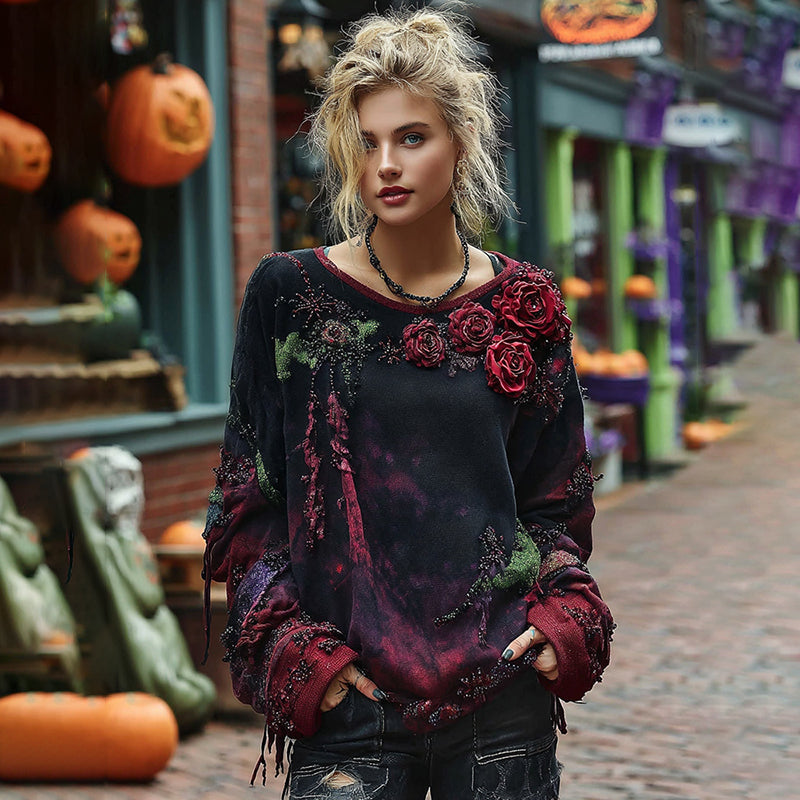 Vintage Rose Embroidery Beaded Gradient Sweatshirt elevenforest