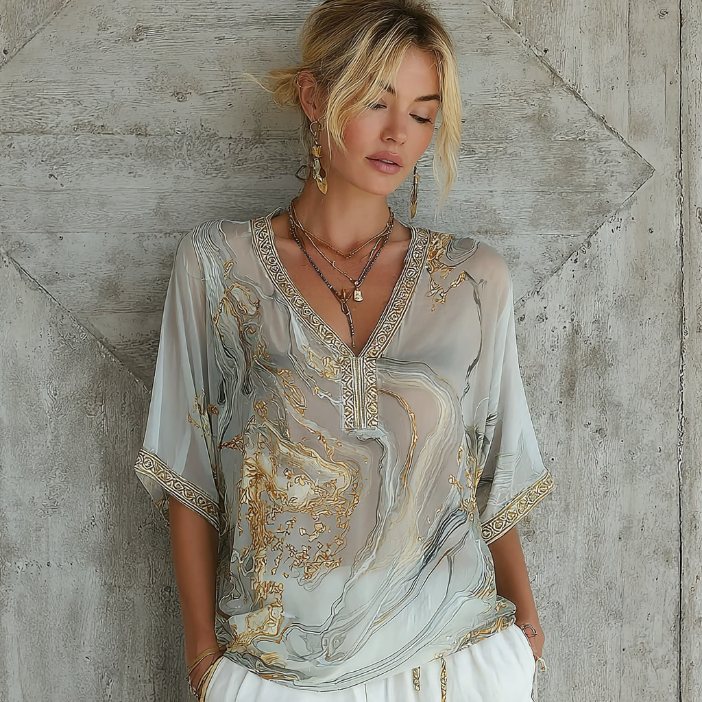 Vintage Marble Texture Collection Bohemia Women Style Gradient Gilded Pattern Linen V Neck T-shirt elevenforest