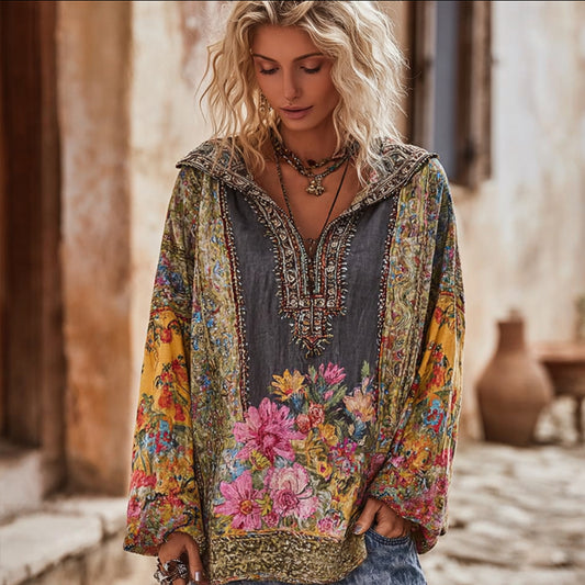 Women's Vintage Ethnic Style Floral Patchwork Hooded Top elevenforest