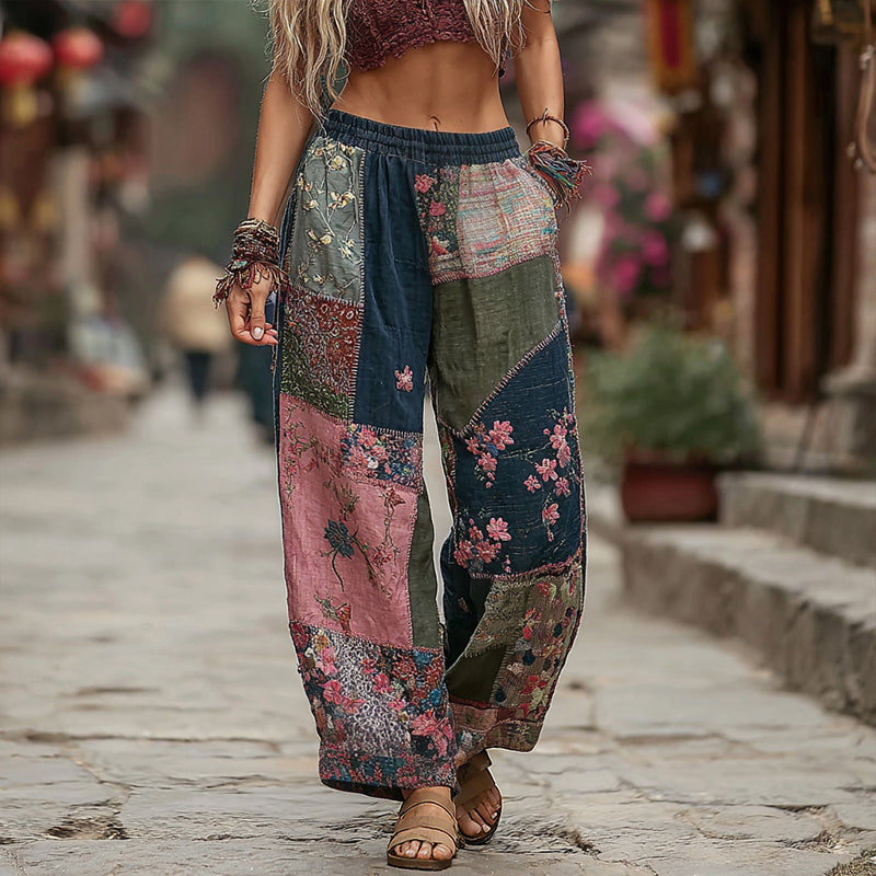 Women's Japanese Sashiko And Floral Pattern Linen Pants elevenforest