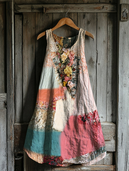 Women's Vintage Tribal Floral Patch Cotton And Linen Dress elevenforest