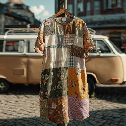 Countryside Style Collection Classy Patchwork Floral Pattern Art Linen Midi Dress elevenforest