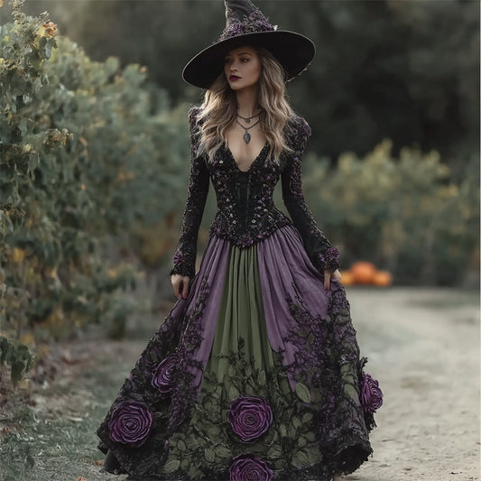 Halloween Vintage Roses Lace Fiber Art Witch Linen Maxi Dress elevenforest