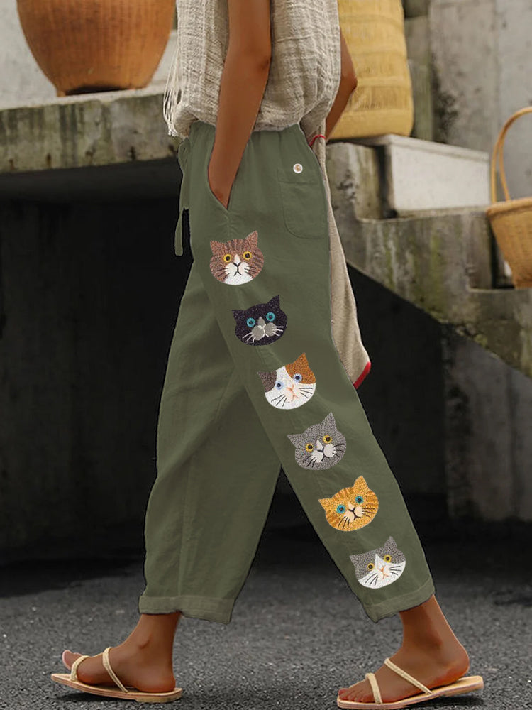 Cute Cats Animal Embroidery Pattern Linen Pants elevenforest