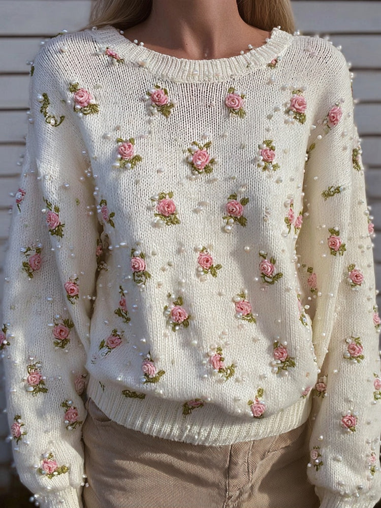 Vintage Pink Roses & Pearls Embroidered Cozy Knit Sweater elevenforest