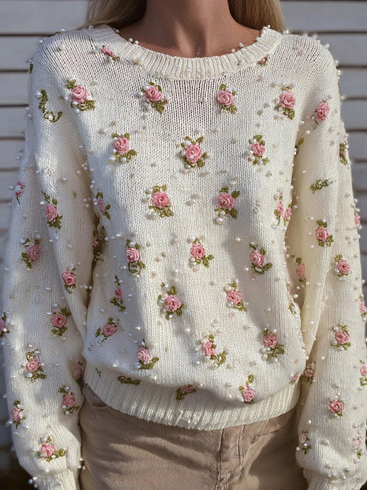 Vintage Pink Roses & Pearls Embroidered Cozy Knit Sweater elevenforest