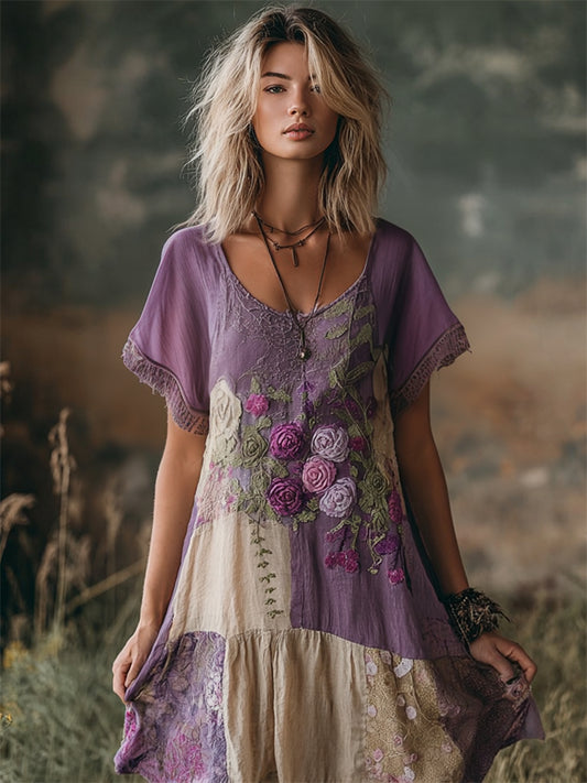 Vintage Roses Embroidered Boho Patchwork Flowy Linen Dress elevenforest