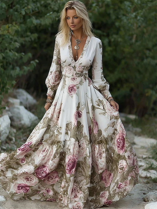 Classy Vintage Roses Print V Neck Flowy Maxi Dress elevenforest