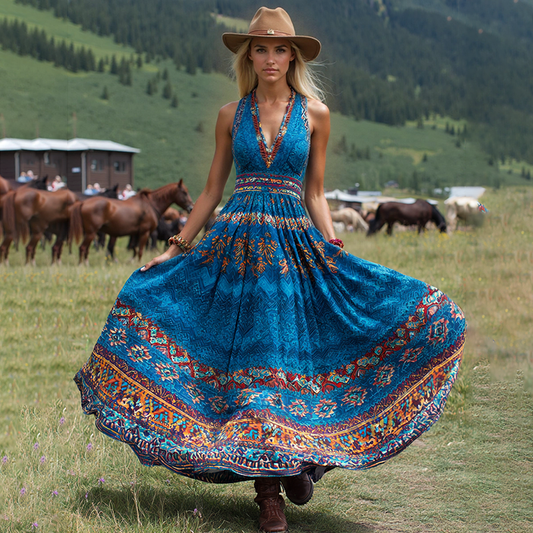 Women's Vintage Western Print V-neck Sleeveless Maxi Dress elevenforest