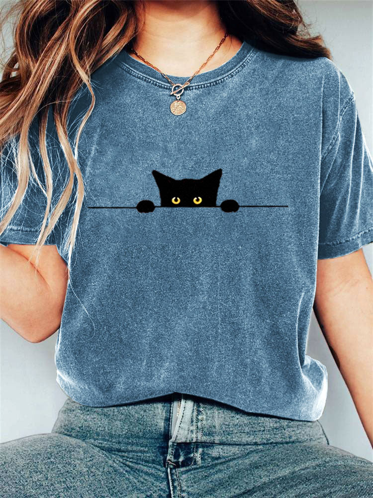 Women's Casual Funny Black Cat Print T-shirt elevenforest