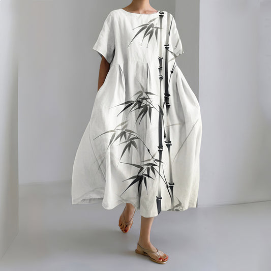 Comstylish Women's Japanese Art Ink Wash Painting Print Crew Neck Midi Dress
