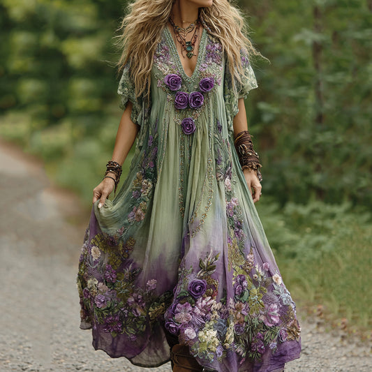 Vintage Green And Purple  Lavender Patchwork And Floral Embroidered Art Linen Maxi Dress elevenforest