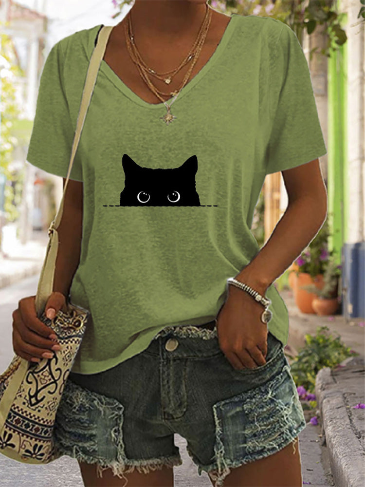 Women's Casual Black Cat Print T-shirt elevenforest