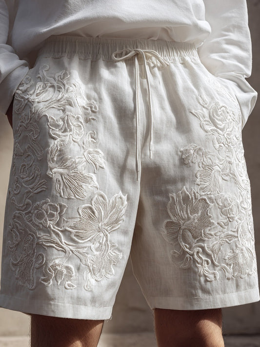 Men's Floral Lace Embroidered Comfy Linen Shorts elevenforest