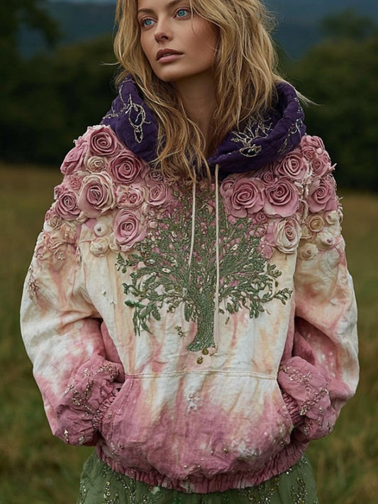 Women's Plant Embroidery Tie-dye Patchwork Color Hooded Sweater elevenforest