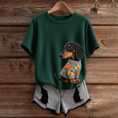 Classic Autumn Dachshund With Felt In Autumn Inspired Embroidered Short Sleeve Cozy Knit Sweater elevenforest