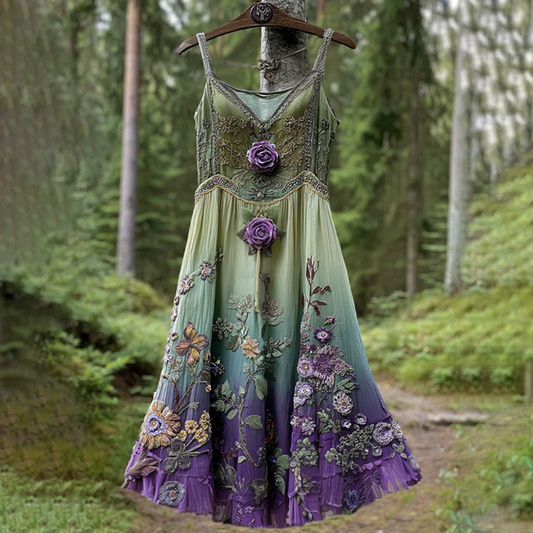 Classy Gradient Purple Lavender And Floral Embroidered Linen Suspender Dress elevenforest