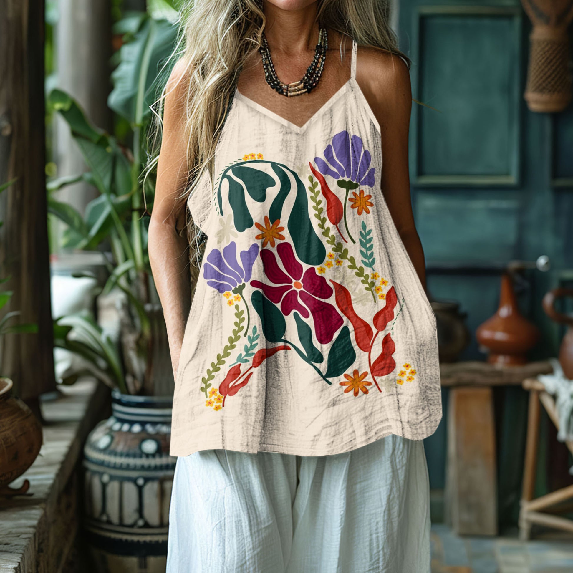 Women's Floral Dog Art Print Cotton And Linen Vest elevenforest