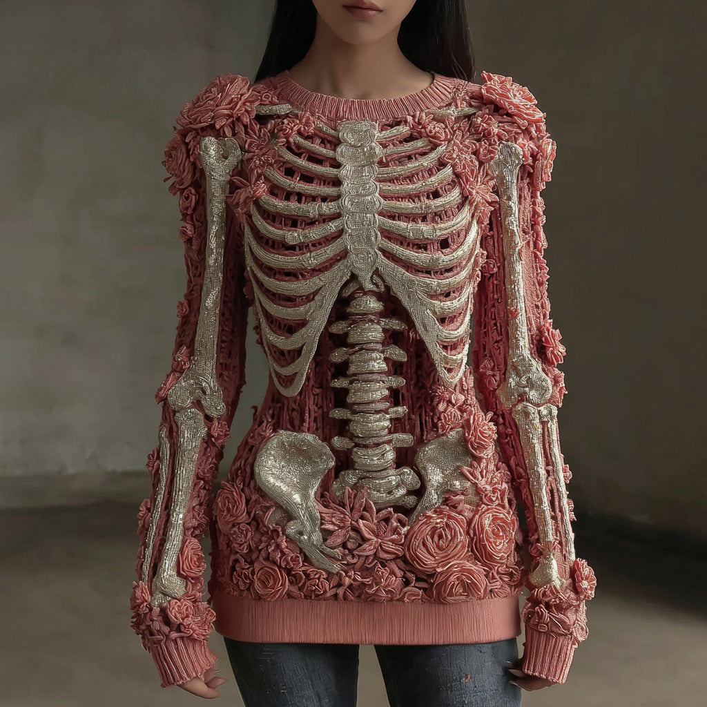 Comstylish Halloween Skull Floral Knitted Warm Sweater