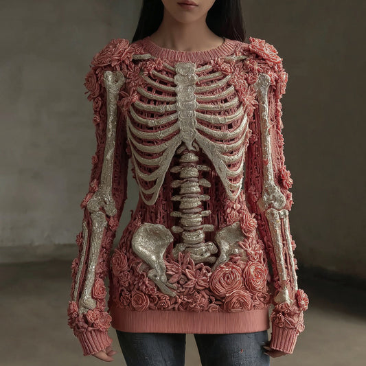 Comstylish Halloween Skull Floral Knitted Warm Sweater