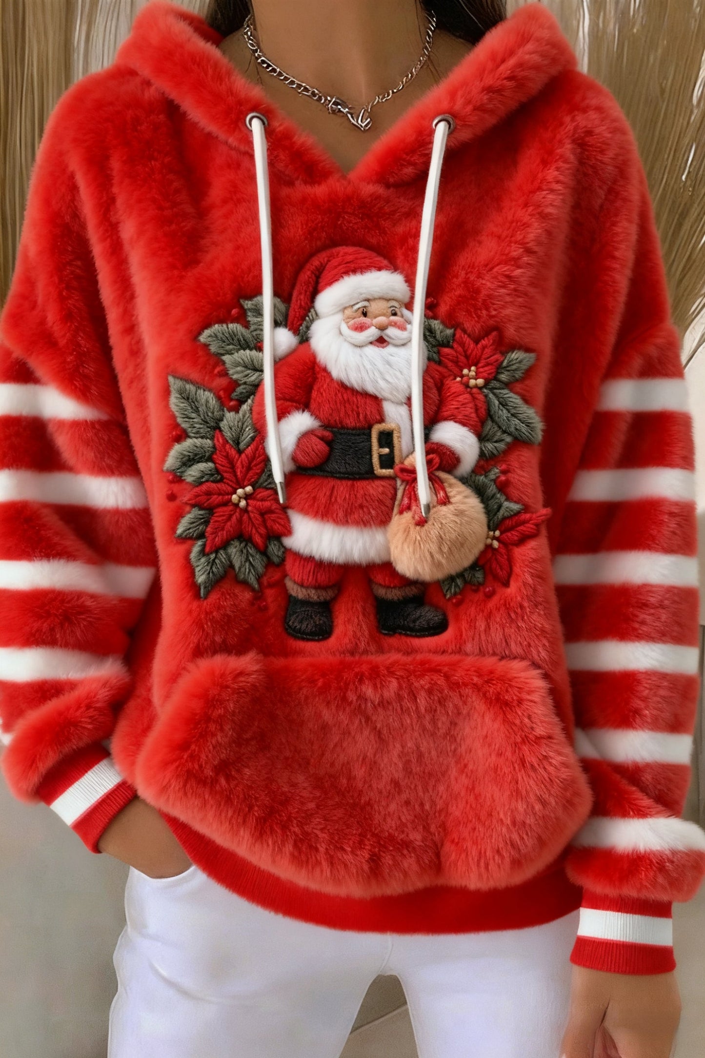 Christmas Stripe Santa Art Cozy Plush Hooded Sweater