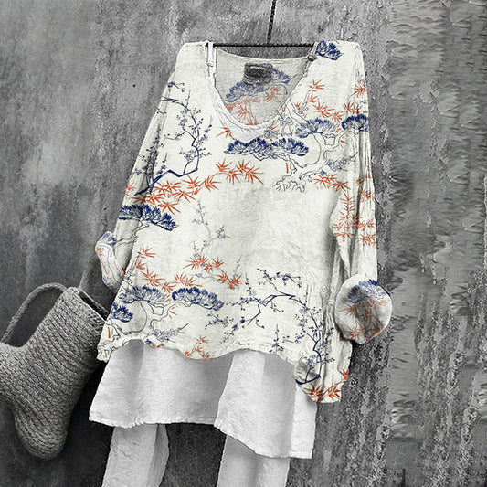Comstylish Women's Japanese Floral Art Print V-neck Loose T-shirt