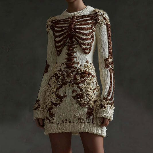 Comstylish Women's Halloween Skeleton Flower Art Gothic Knitt Mini Sweater Dress