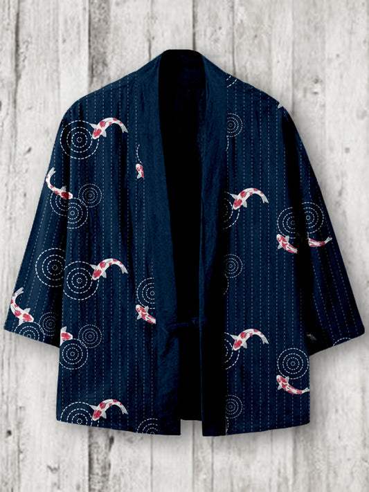 Koi Japanese Sashiko Art Linen Blend Kimono Cardigan elevenforest